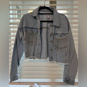 Forever 21 Light Blue Denim Jacket with Rhinestone Fringe Details
